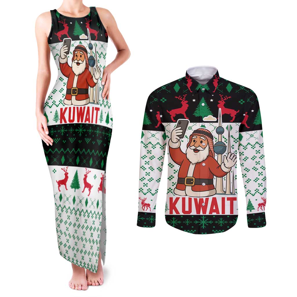 Kuwait Christmas Couples Matching Tank Maxi Dress and Long Sleeve Button Shirt with Santa Taking Selfie Kuwait Towers Reindeer and Snowflake - Wonder Print Shop