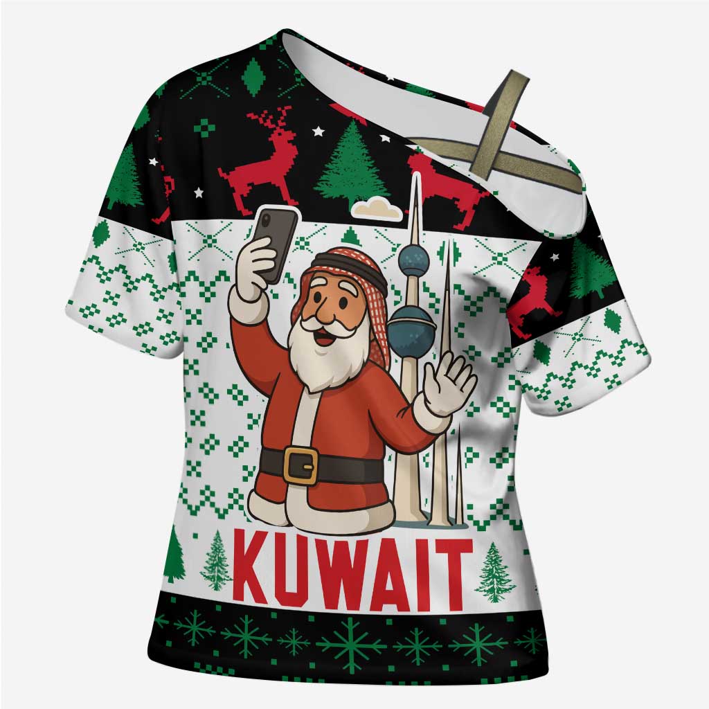 Kuwait Christmas Cross Shoulder Shirt with Santa Taking Selfie Kuwait Towers Reindeer and Snowflake - Wonder Print Shop