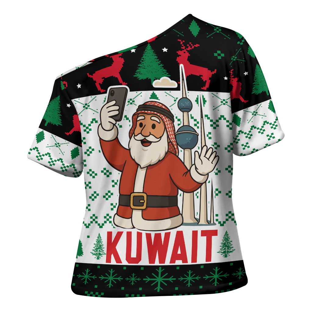Kuwait Christmas Cross Shoulder Shirt with Santa Taking Selfie Kuwait Towers Reindeer and Snowflake - Wonder Print Shop