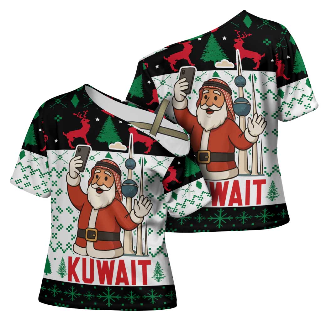 Kuwait Christmas Cross Shoulder Shirt with Santa Taking Selfie Kuwait Towers Reindeer and Snowflake - Wonder Print Shop