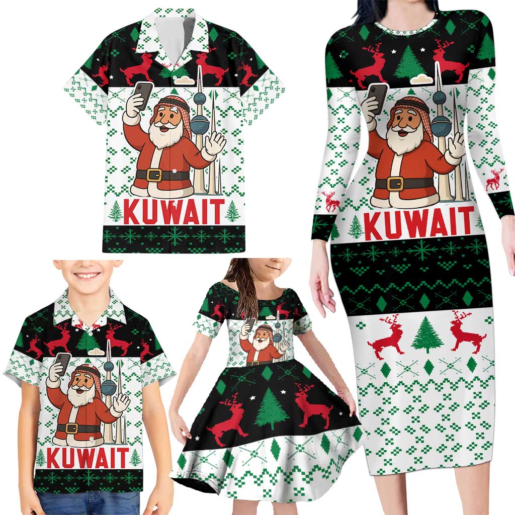 Kuwait Christmas Family Matching Long Sleeve Bodycon Dress and Hawaiian Shirt with Santa Taking Selfie Kuwait Towers Reindeer and Snowflake - Wonder Print Shop