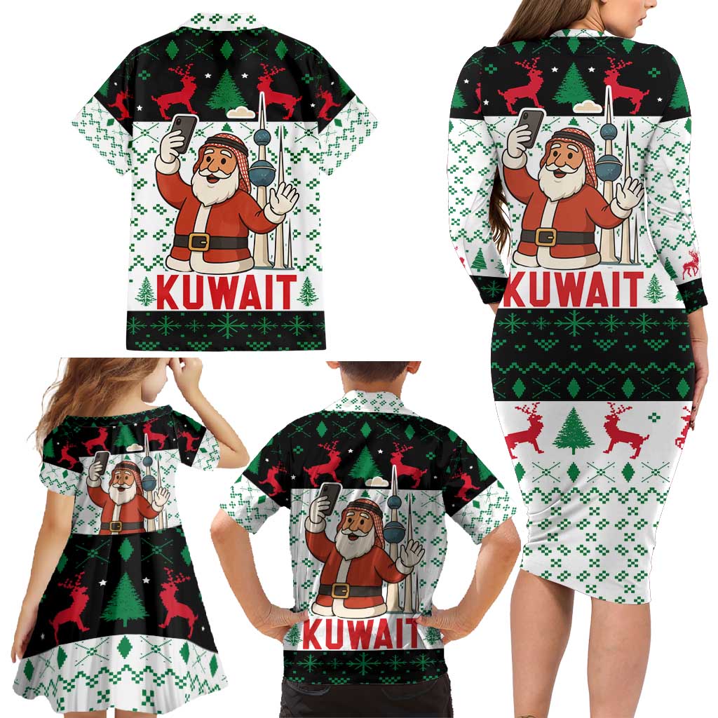 Kuwait Christmas Family Matching Long Sleeve Bodycon Dress and Hawaiian Shirt with Santa Taking Selfie Kuwait Towers Reindeer and Snowflake - Wonder Print Shop