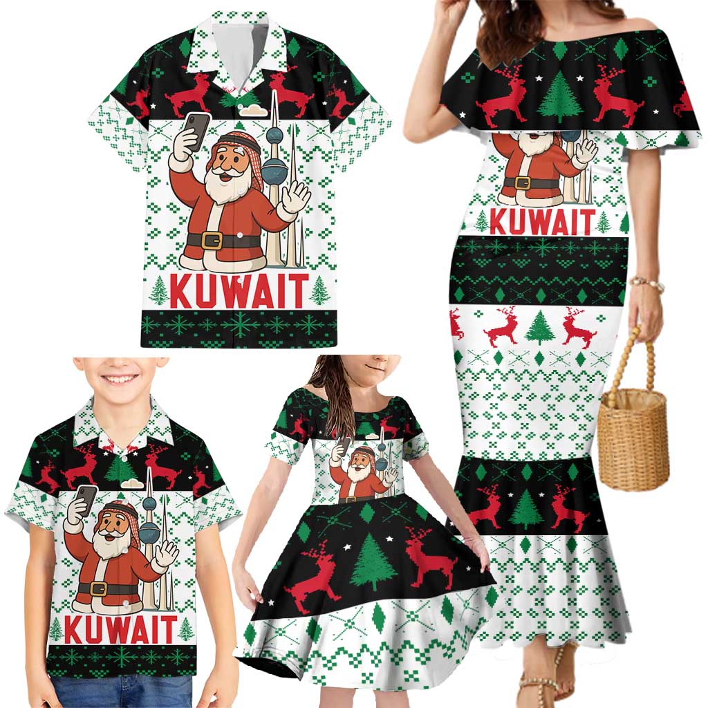 Kuwait Christmas Family Matching Mermaid Dress and Hawaiian Shirt with Santa Taking Selfie Kuwait Towers Reindeer and Snowflake - Wonder Print Shop
