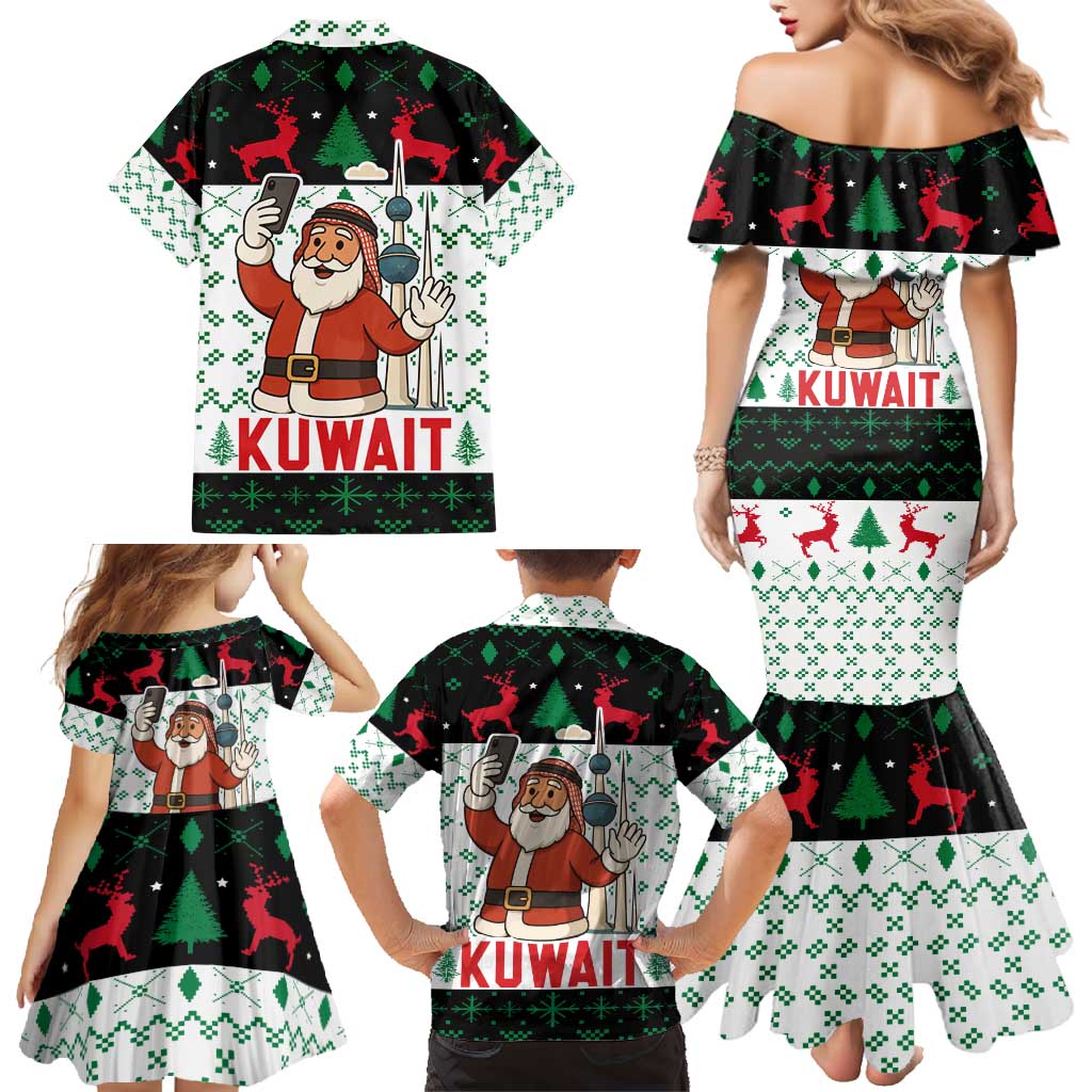 Kuwait Christmas Family Matching Mermaid Dress and Hawaiian Shirt with Santa Taking Selfie Kuwait Towers Reindeer and Snowflake - Wonder Print Shop