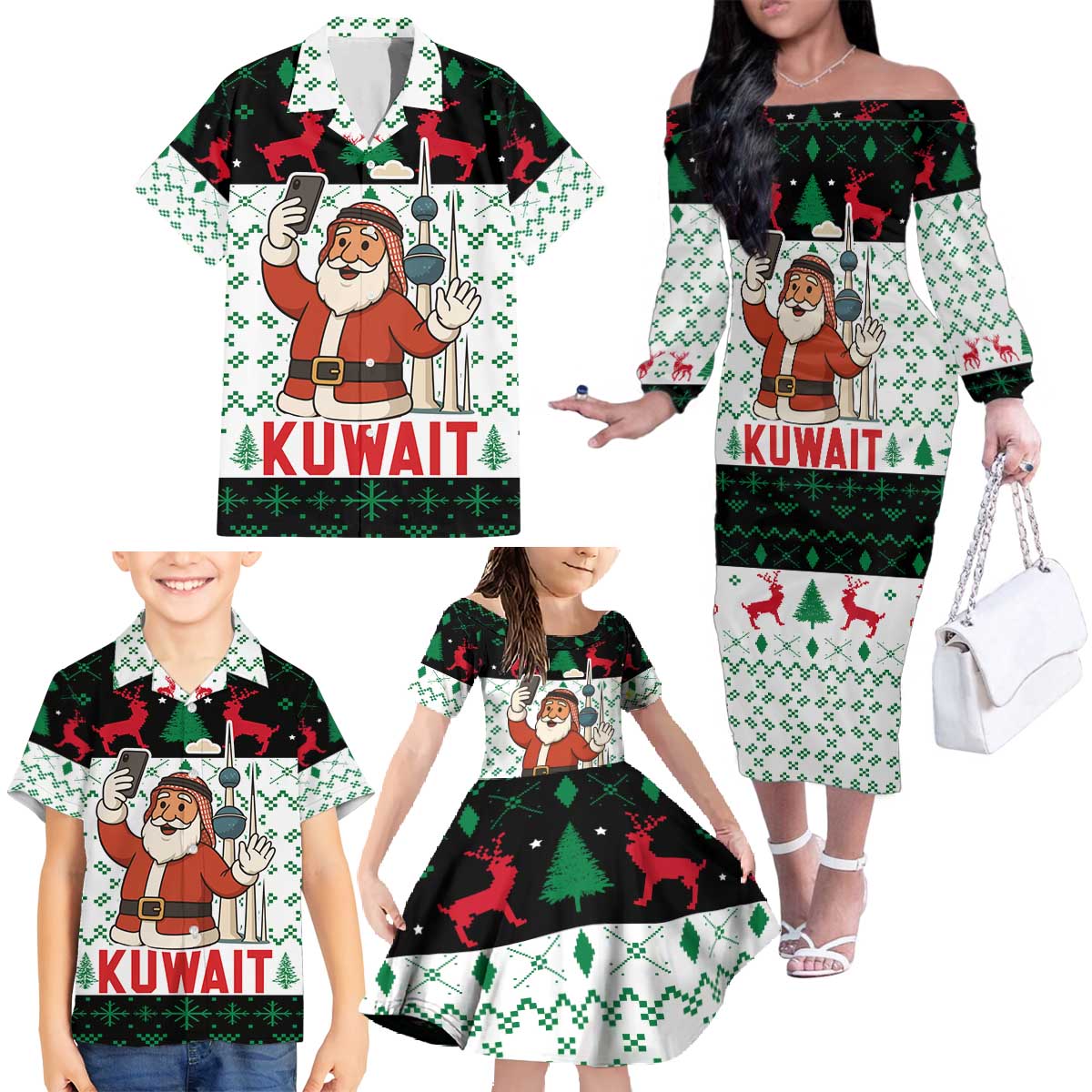 Kuwait Christmas Family Matching Off The Shoulder Long Sleeve Dress and Hawaiian Shirt with Santa Taking Selfie Kuwait Towers Reindeer and Snowflake - Wonder Print Shop