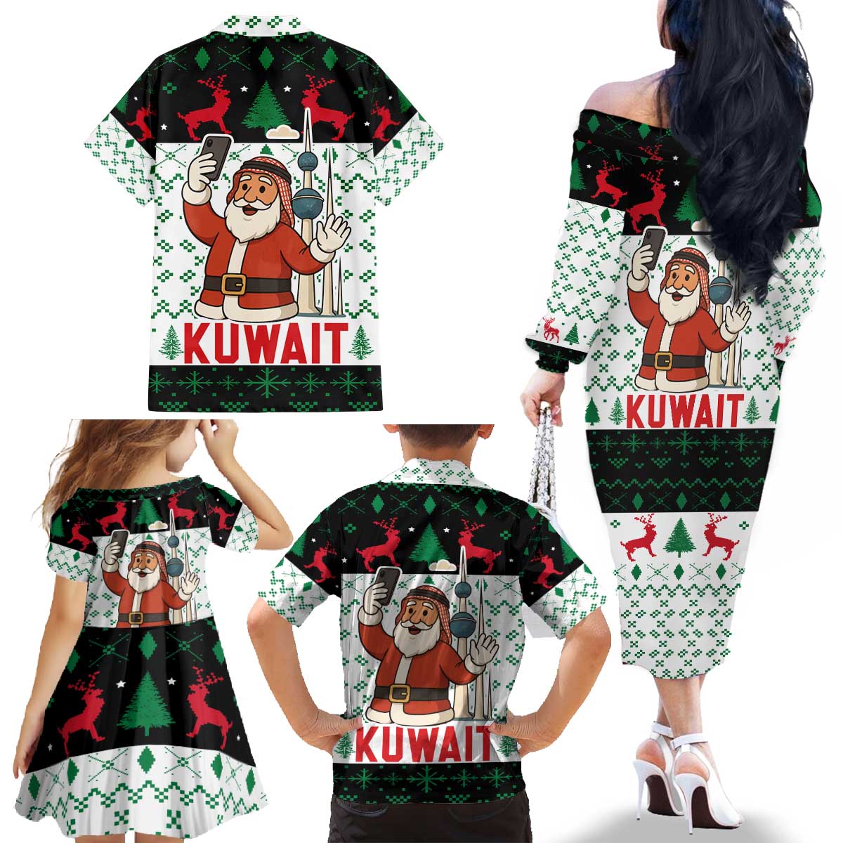 Kuwait Christmas Family Matching Off The Shoulder Long Sleeve Dress and Hawaiian Shirt with Santa Taking Selfie Kuwait Towers Reindeer and Snowflake - Wonder Print Shop