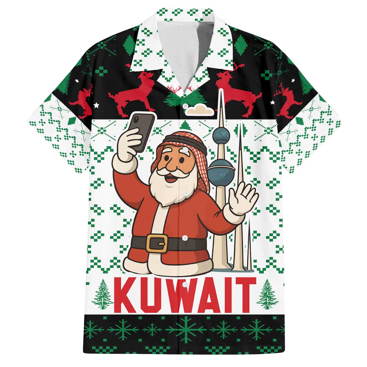 Kuwait Christmas Family Matching Off The Shoulder Long Sleeve Dress and Hawaiian Shirt with Santa Taking Selfie Kuwait Towers Reindeer and Snowflake - Wonder Print Shop