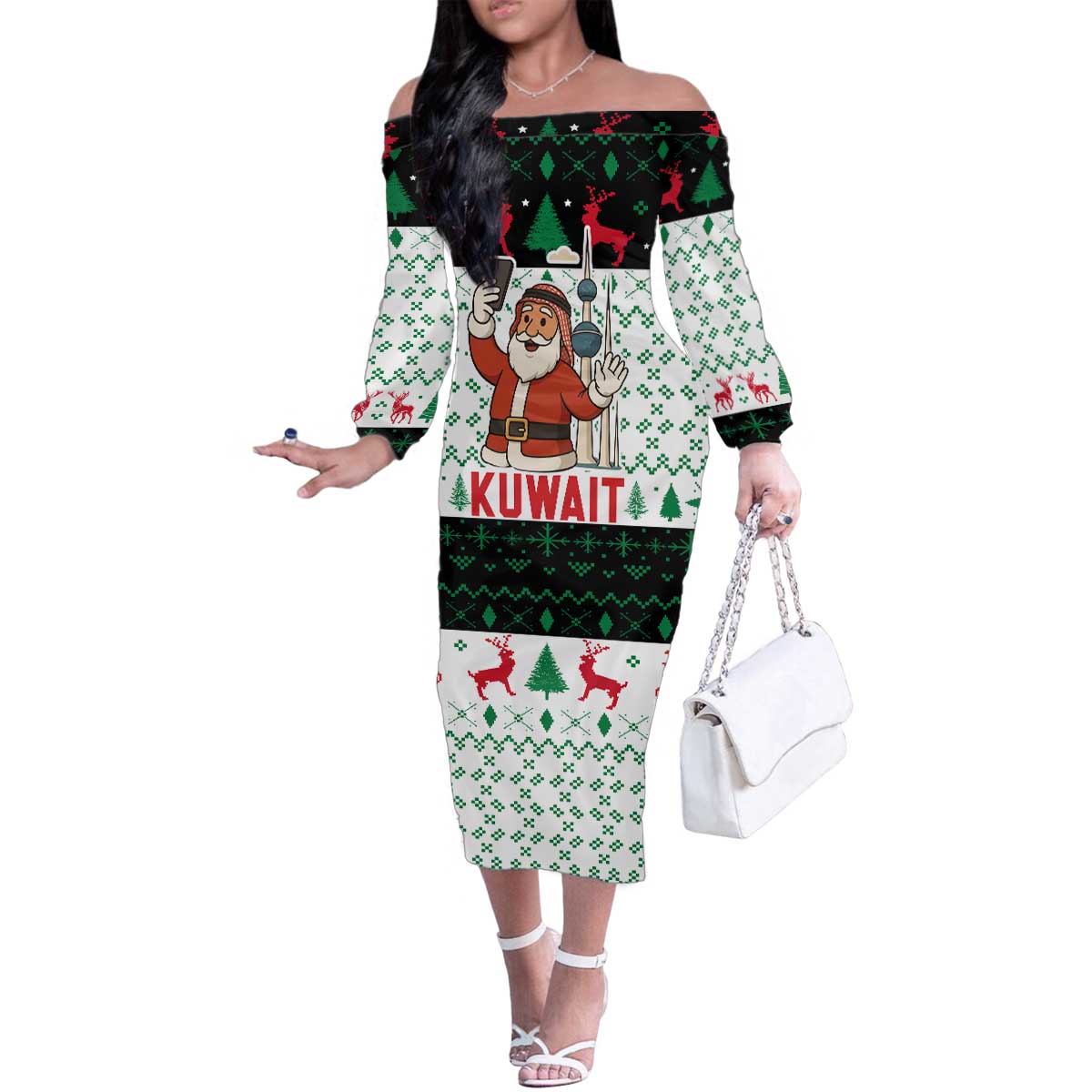 Kuwait Christmas Family Matching Off The Shoulder Long Sleeve Dress and Hawaiian Shirt with Santa Taking Selfie Kuwait Towers Reindeer and Snowflake - Wonder Print Shop