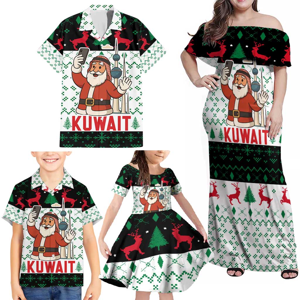 Kuwait Christmas Family Matching Off Shoulder Maxi Dress and Hawaiian Shirt with Santa Taking Selfie Kuwait Towers Reindeer and Snowflake - Wonder Print Shop