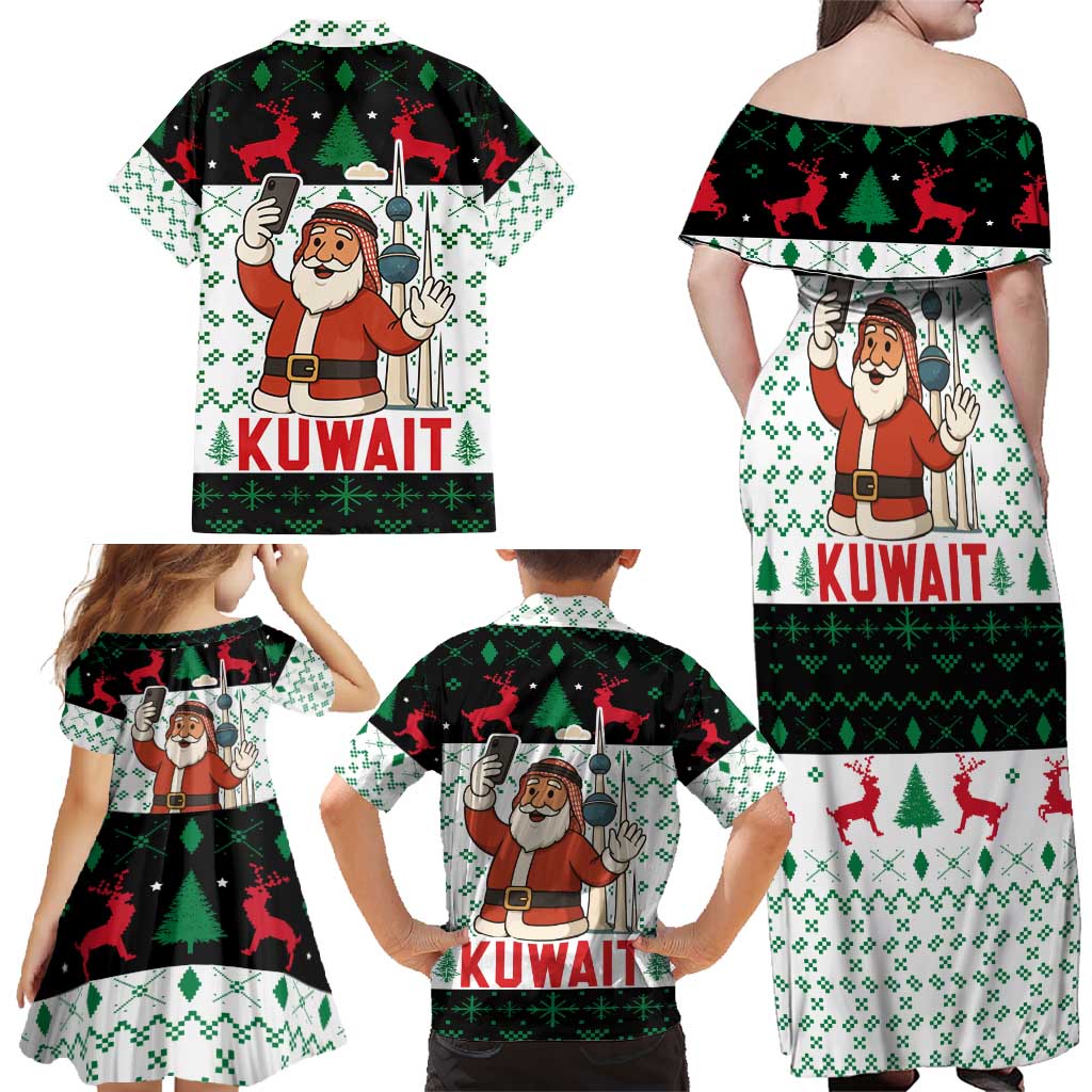 Kuwait Christmas Family Matching Off Shoulder Maxi Dress and Hawaiian Shirt with Santa Taking Selfie Kuwait Towers Reindeer and Snowflake - Wonder Print Shop