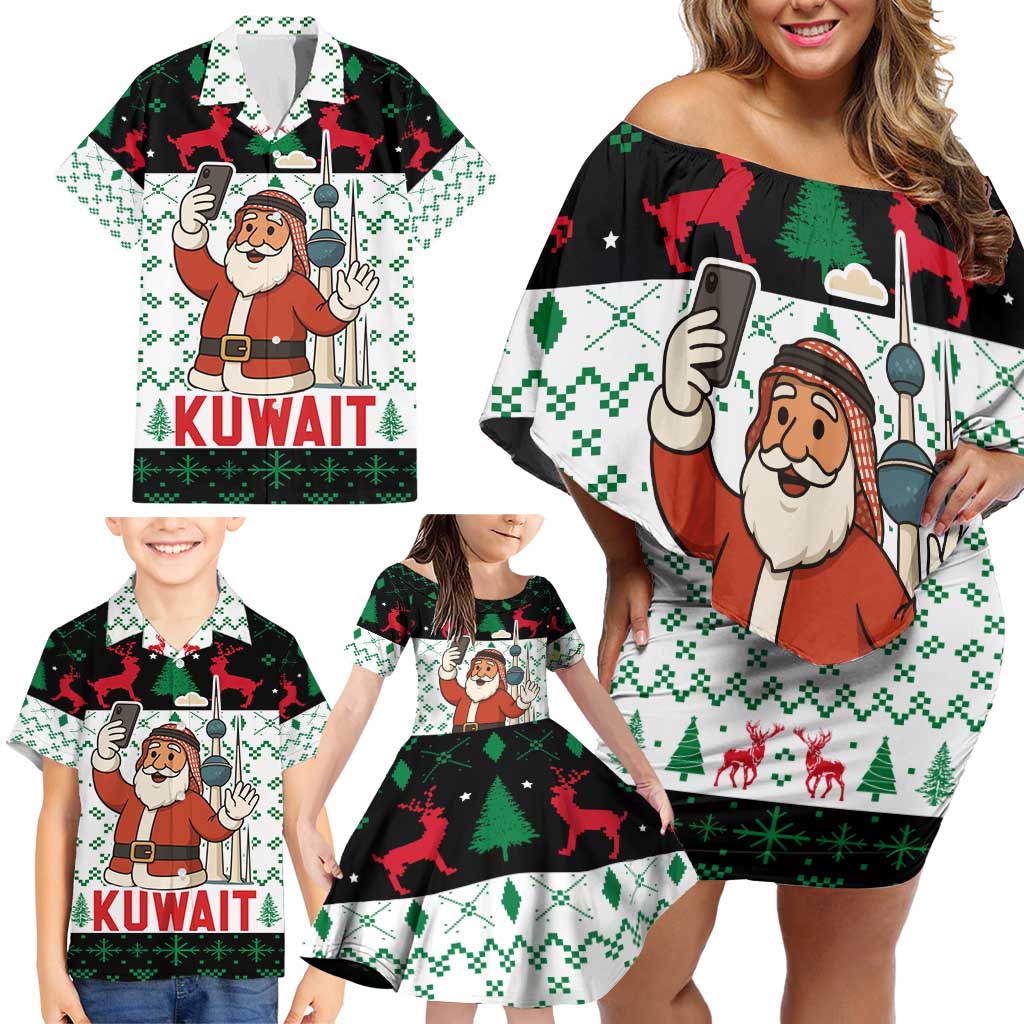 Kuwait Christmas Family Matching Off Shoulder Short Dress and Hawaiian Shirt with Santa Taking Selfie Kuwait Towers Reindeer and Snowflake - Wonder Print Shop