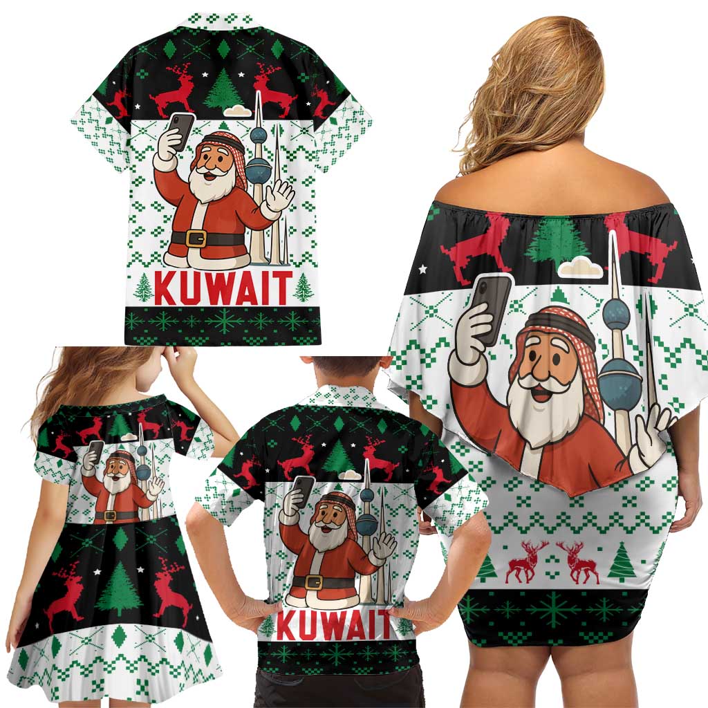 Kuwait Christmas Family Matching Off Shoulder Short Dress and Hawaiian Shirt with Santa Taking Selfie Kuwait Towers Reindeer and Snowflake - Wonder Print Shop