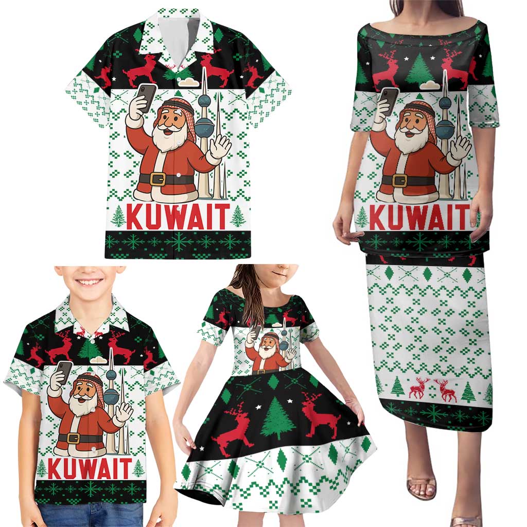 Kuwait Christmas Family Matching Puletasi and Hawaiian Shirt with Santa Taking Selfie Kuwait Towers Reindeer and Snowflake - Wonder Print Shop
