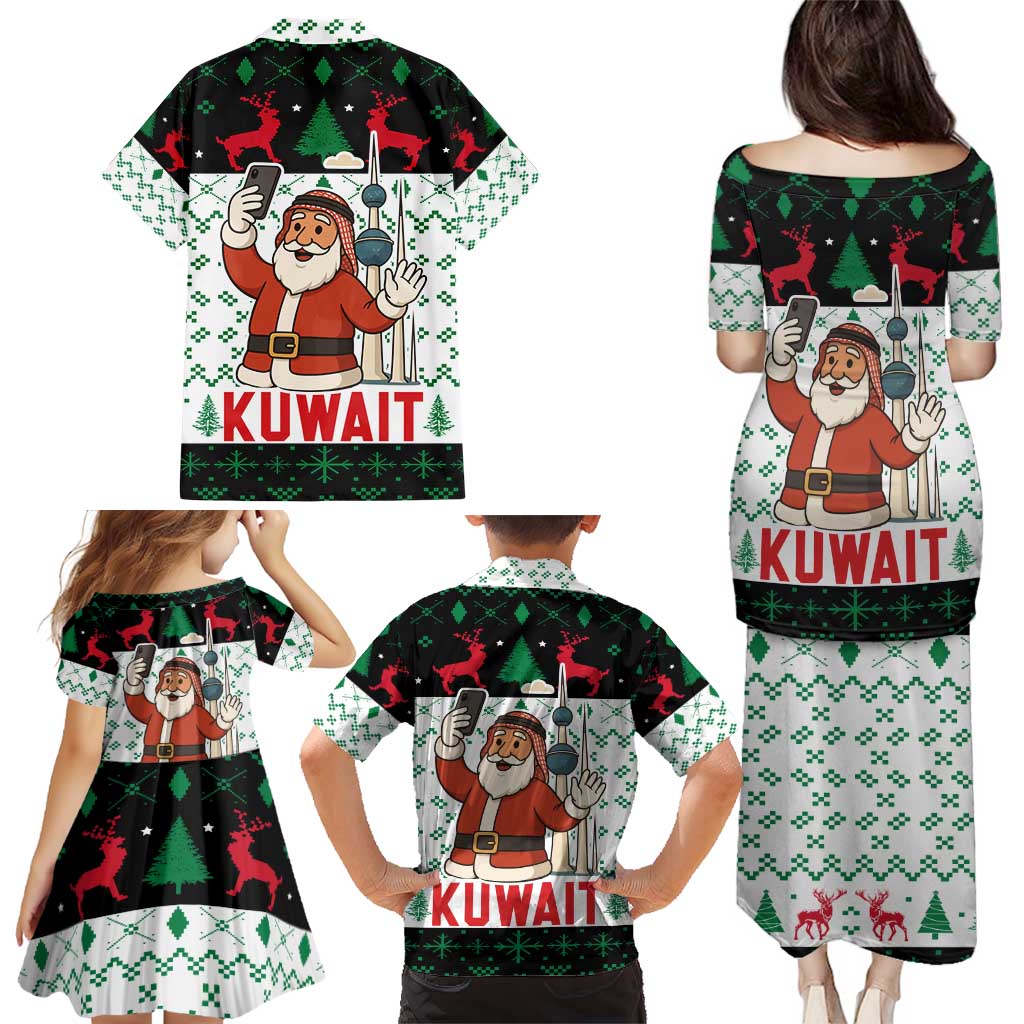 Kuwait Christmas Family Matching Puletasi and Hawaiian Shirt with Santa Taking Selfie Kuwait Towers Reindeer and Snowflake - Wonder Print Shop