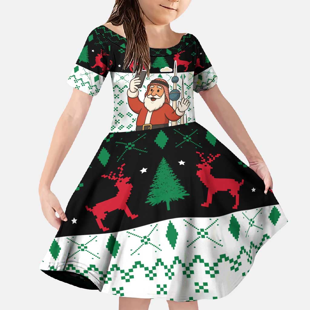 Kuwait Christmas Family Matching Short Sleeve Bodycon Dress and Hawaiian Shirt with Santa Taking Selfie Kuwait Towers Reindeer and Snowflake - Wonder Print Shop
