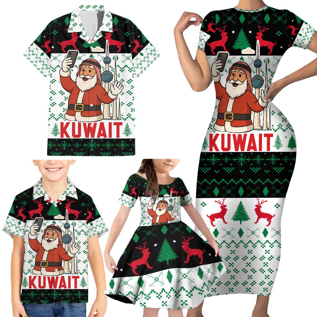 Kuwait Christmas Family Matching Short Sleeve Bodycon Dress and Hawaiian Shirt with Santa Taking Selfie Kuwait Towers Reindeer and Snowflake - Wonder Print Shop
