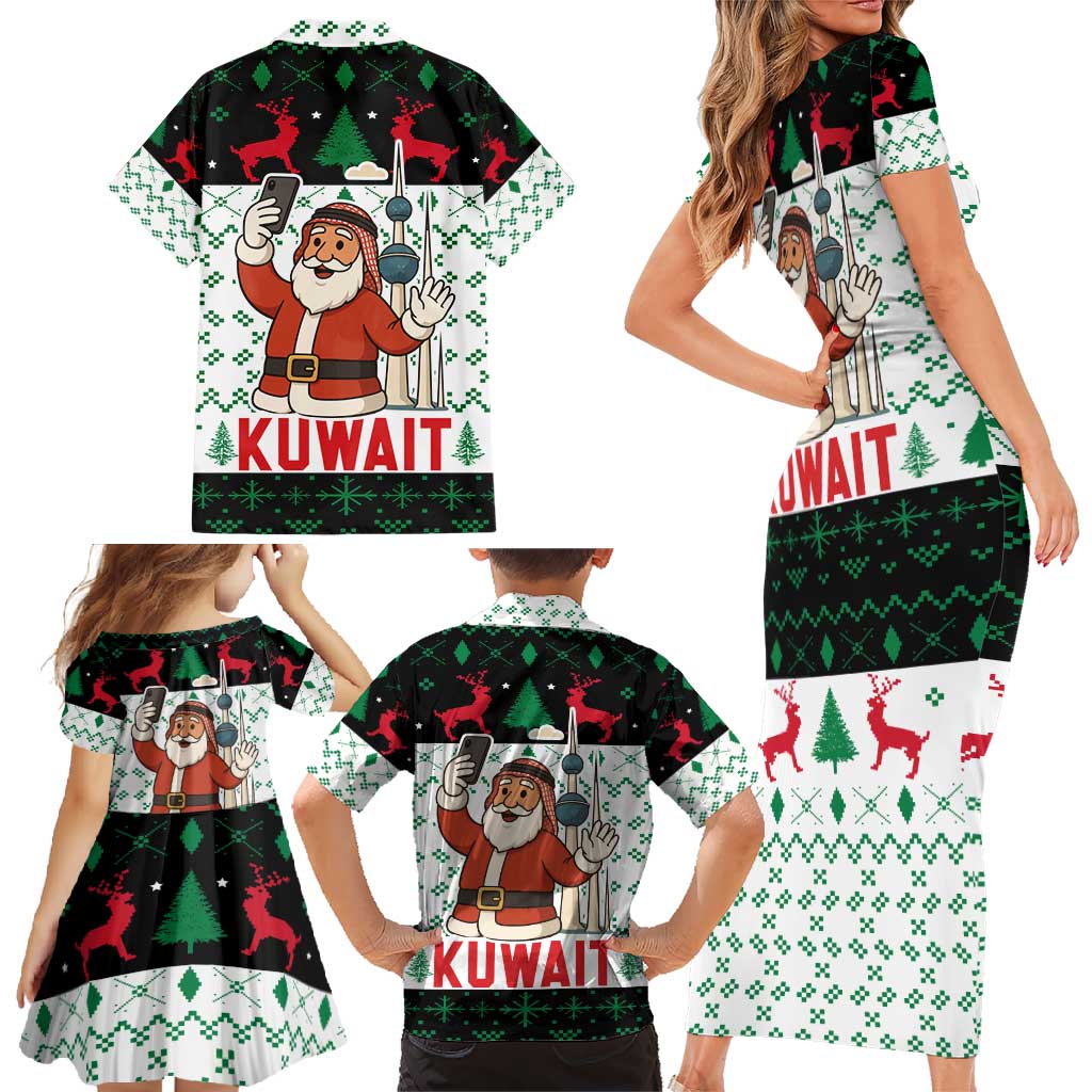 Kuwait Christmas Family Matching Short Sleeve Bodycon Dress and Hawaiian Shirt with Santa Taking Selfie Kuwait Towers Reindeer and Snowflake - Wonder Print Shop