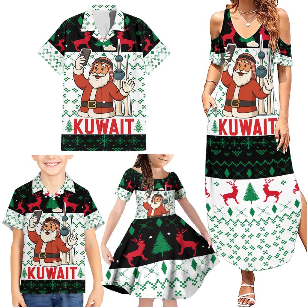 Kuwait Christmas Family Matching Summer Maxi Dress and Hawaiian Shirt with Santa Taking Selfie Kuwait Towers Reindeer and Snowflake - Wonder Print Shop