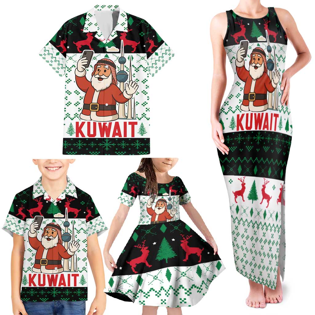 Kuwait Christmas Family Matching Tank Maxi Dress and Hawaiian Shirt with Santa Taking Selfie Kuwait Towers Reindeer and Snowflake - Wonder Print Shop