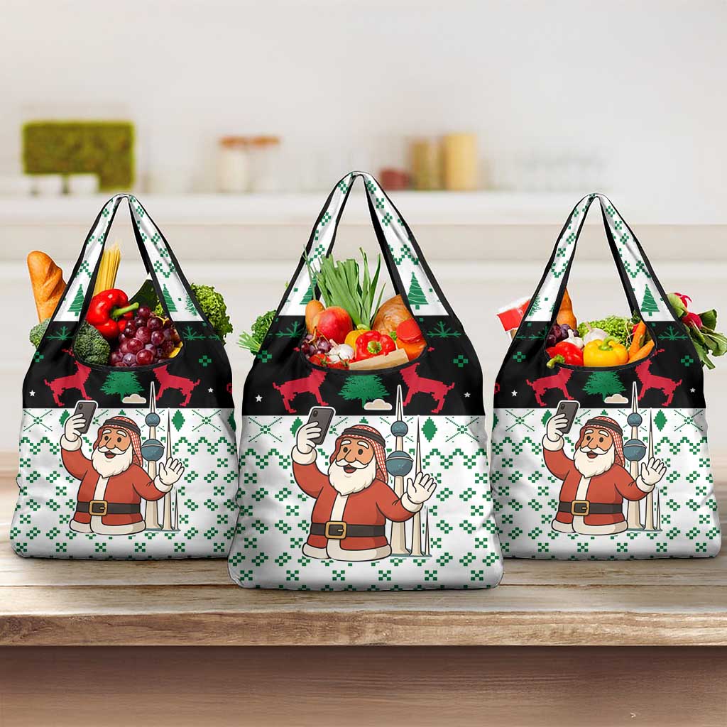 Kuwait Christmas Grocery Bag with Santa Taking Selfie Kuwait Towers Reindeer and Snowflake - Wonder Print Shop
