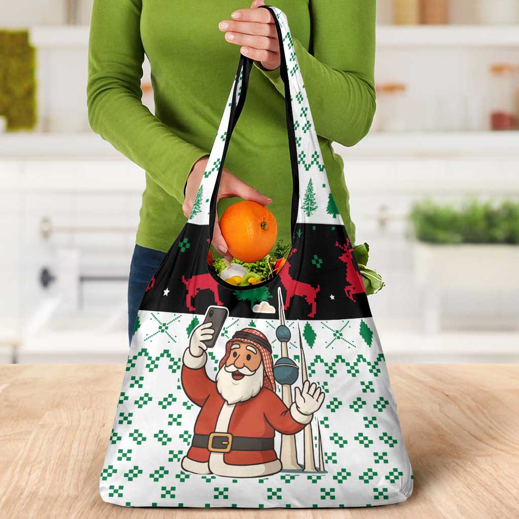 Kuwait Christmas Grocery Bag with Santa Taking Selfie Kuwait Towers Reindeer and Snowflake - Wonder Print Shop