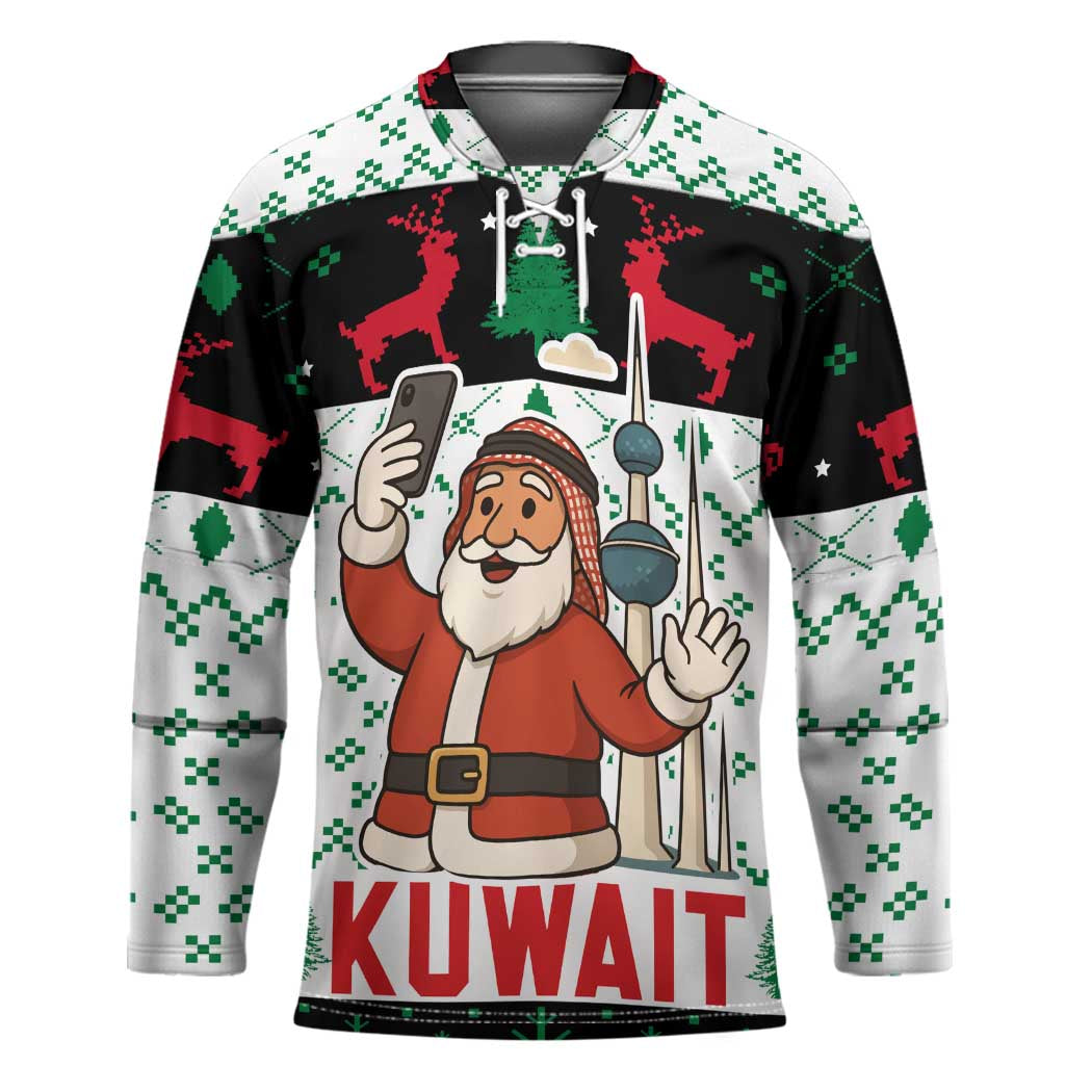 Kuwait Christmas Hockey Jersey with Santa Taking Selfie Kuwait Towers Reindeer and Snowflake - Wonder Print Shop