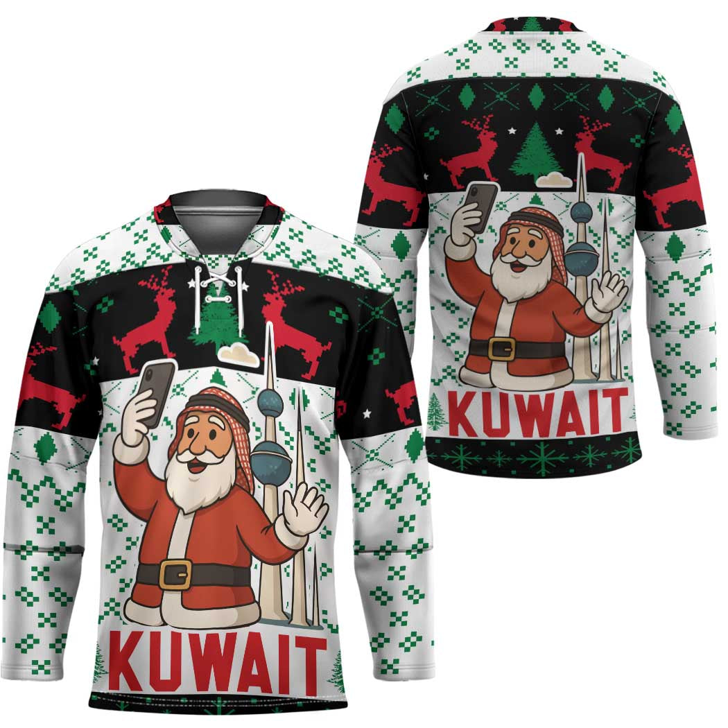 Kuwait Christmas Hockey Jersey with Santa Taking Selfie Kuwait Towers Reindeer and Snowflake - Wonder Print Shop