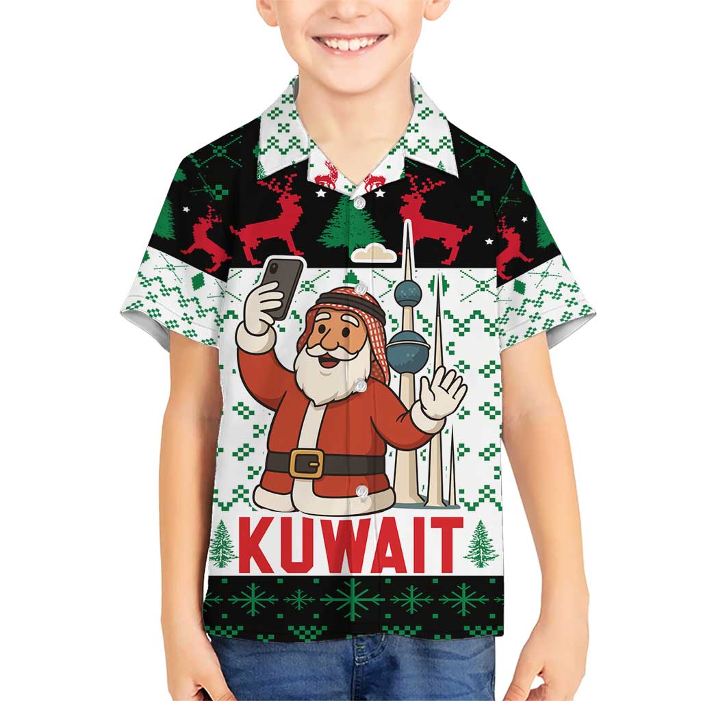 Kuwait Christmas Kid Hawaiian Shirt with Santa Taking Selfie Kuwait Towers Reindeer and Snowflake - Wonder Print Shop