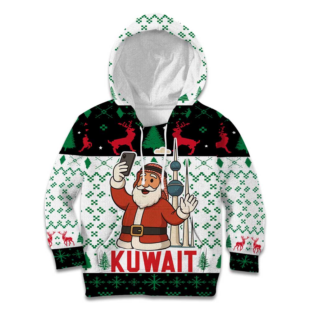 Kuwait Christmas Kid Hoodie with Santa Taking Selfie Kuwait Towers Reindeer and Snowflake - Wonder Print Shop