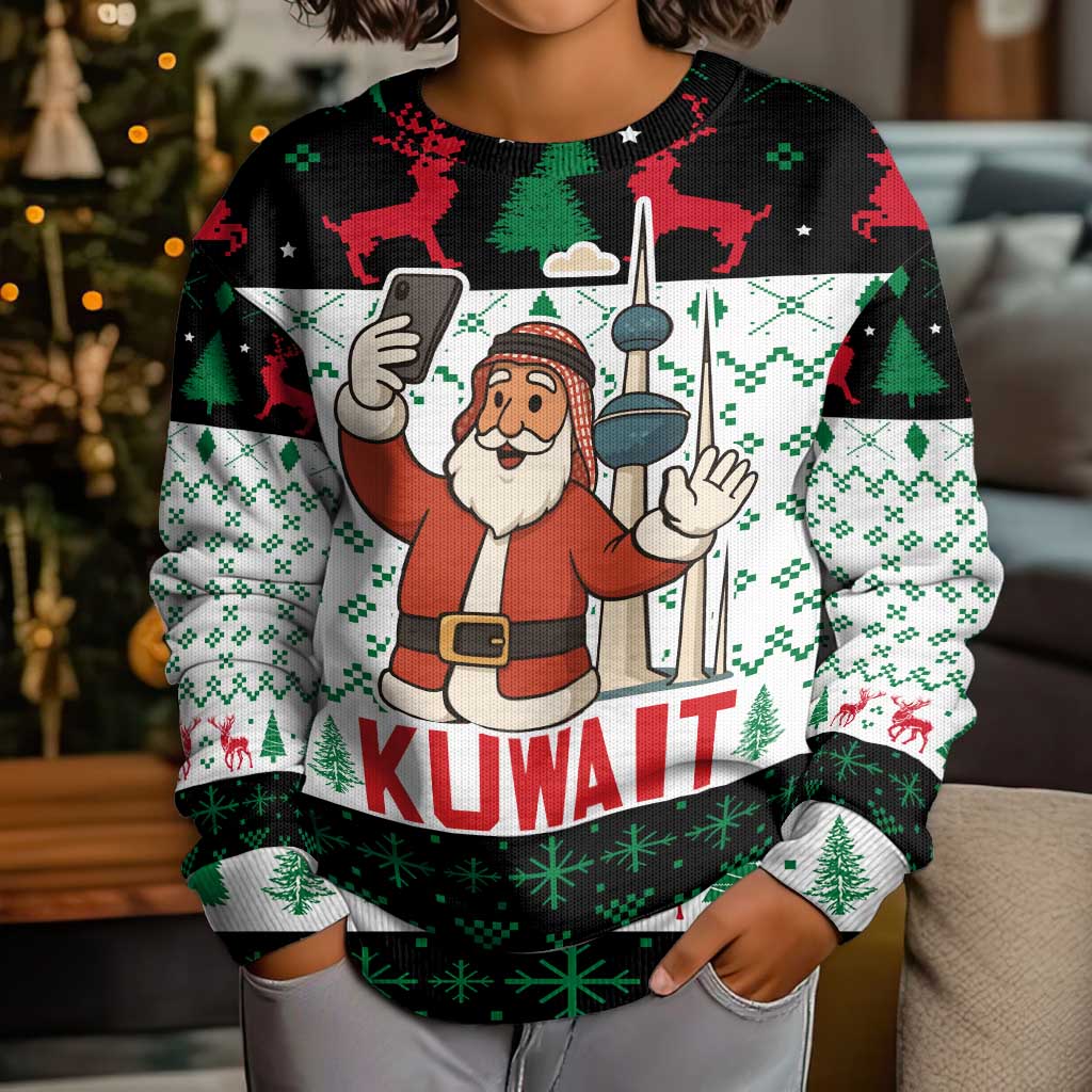 Kuwait Christmas Kid Ugly Christmas Sweater with Santa Taking Selfie Kuwait Towers Reindeer and Snowflake - Wonder Print Shop