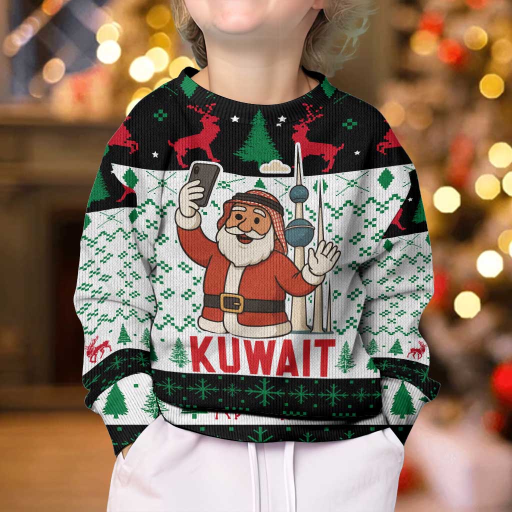 Kuwait Christmas Kid Ugly Christmas Sweater with Santa Taking Selfie Kuwait Towers Reindeer and Snowflake - Wonder Print Shop