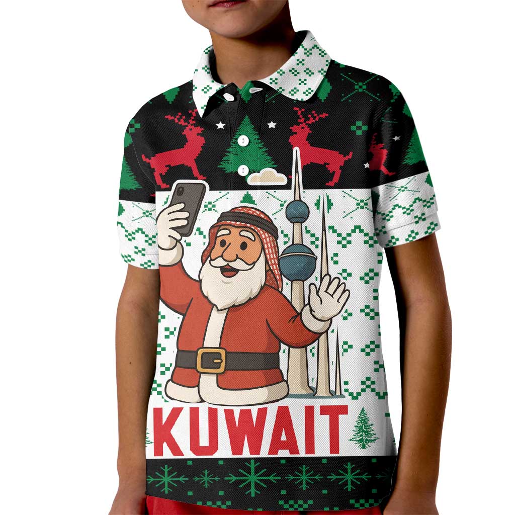 Kuwait Christmas Kid Polo Shirt with Santa Taking Selfie Kuwait Towers Reindeer and Snowflake - Wonder Print Shop