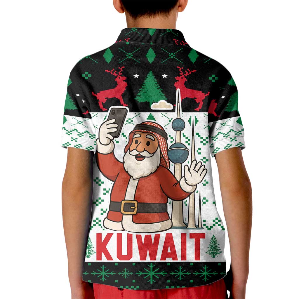 Kuwait Christmas Kid Polo Shirt with Santa Taking Selfie Kuwait Towers Reindeer and Snowflake - Wonder Print Shop