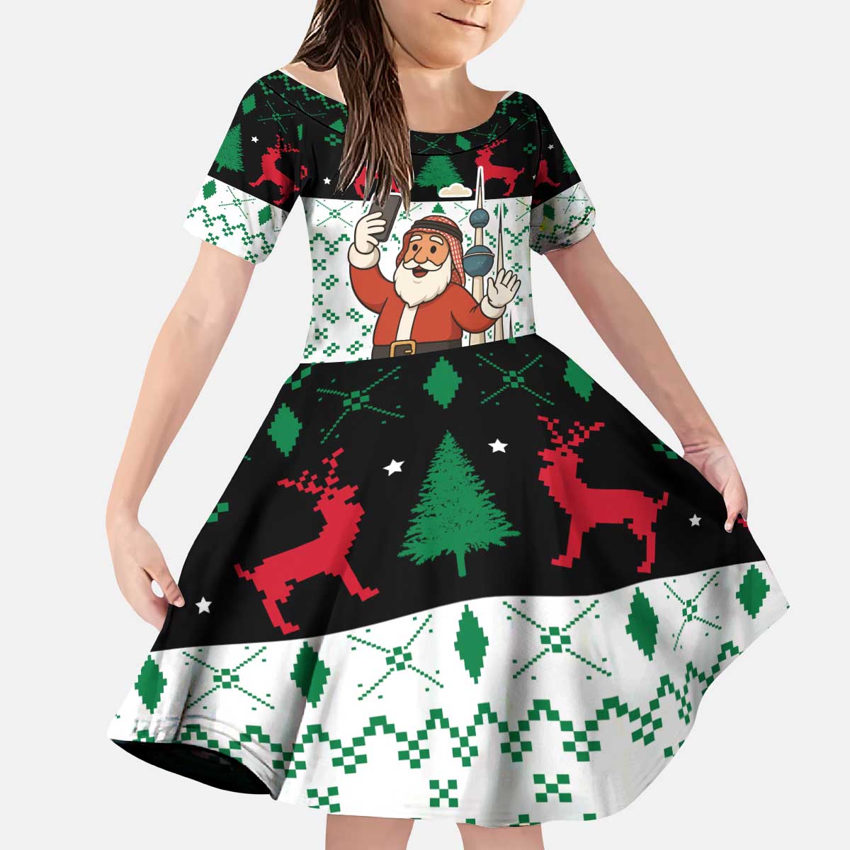 Kuwait Christmas Kid Short Sleeve Dress with Santa Taking Selfie Kuwait Towers Reindeer and Snowflake - Wonder Print Shop