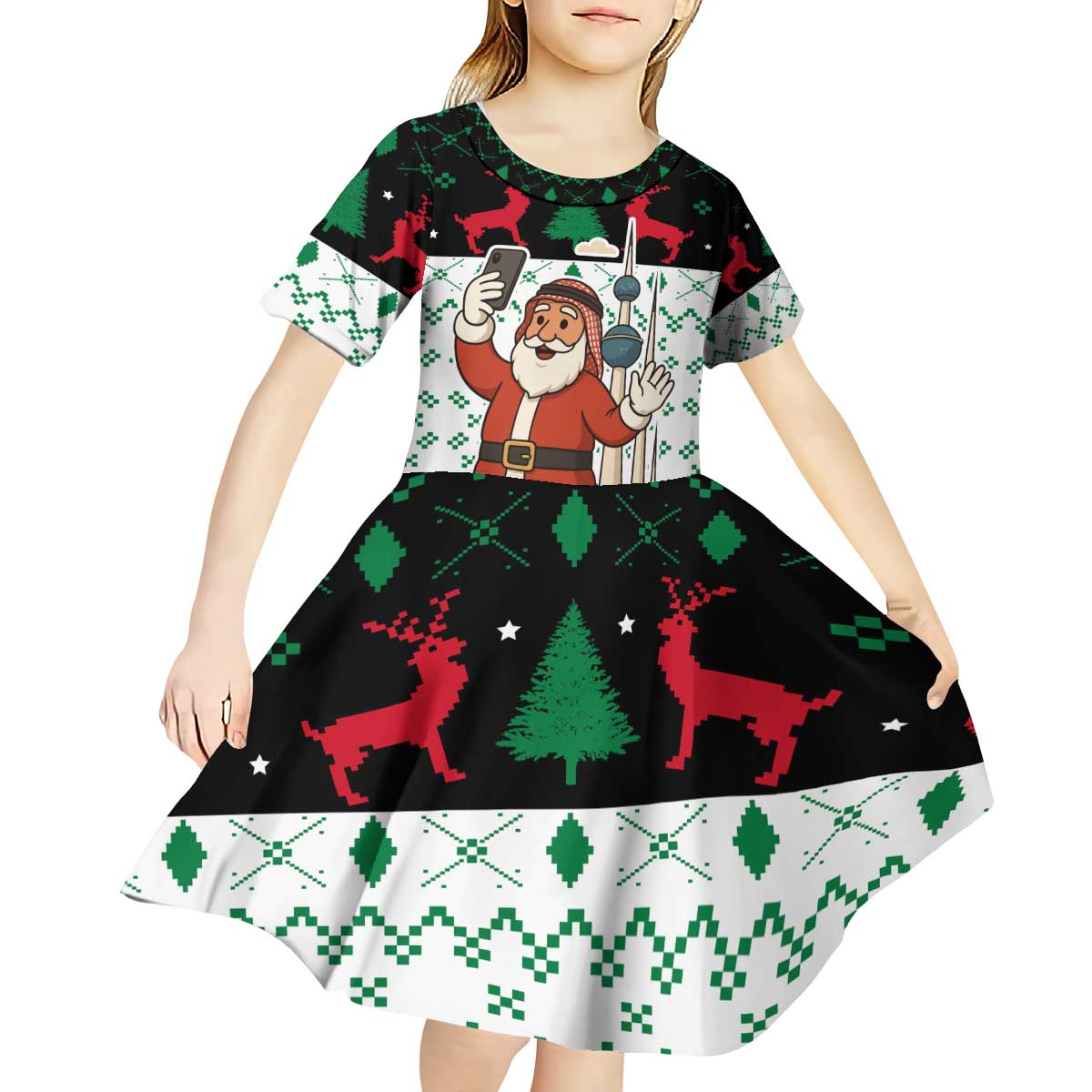 Kuwait Christmas Kid Short Sleeve Dress with Santa Taking Selfie Kuwait Towers Reindeer and Snowflake - Wonder Print Shop