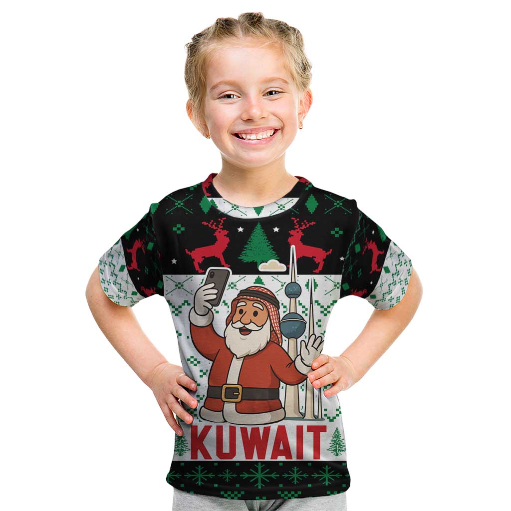 Kuwait Christmas Kid T Shirt with Santa Taking Selfie Kuwait Towers Reindeer and Snowflake - Wonder Print Shop