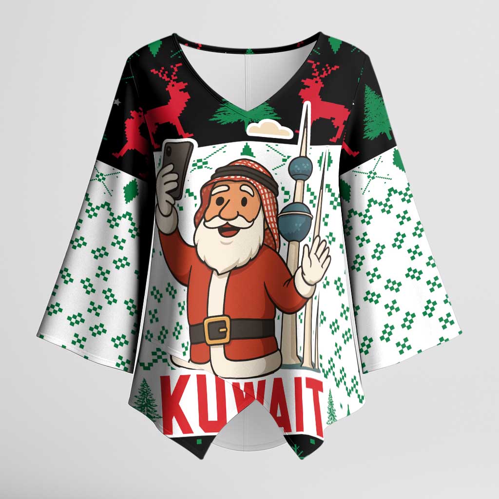 Kuwait Christmas Kimono Sleeve Blouse with Santa Taking Selfie Kuwait Towers Reindeer and Snowflake - Wonder Print Shop