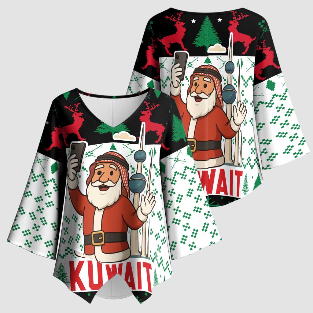 Kuwait Christmas Kimono Sleeve Blouse with Santa Taking Selfie Kuwait Towers Reindeer and Snowflake - Wonder Print Shop