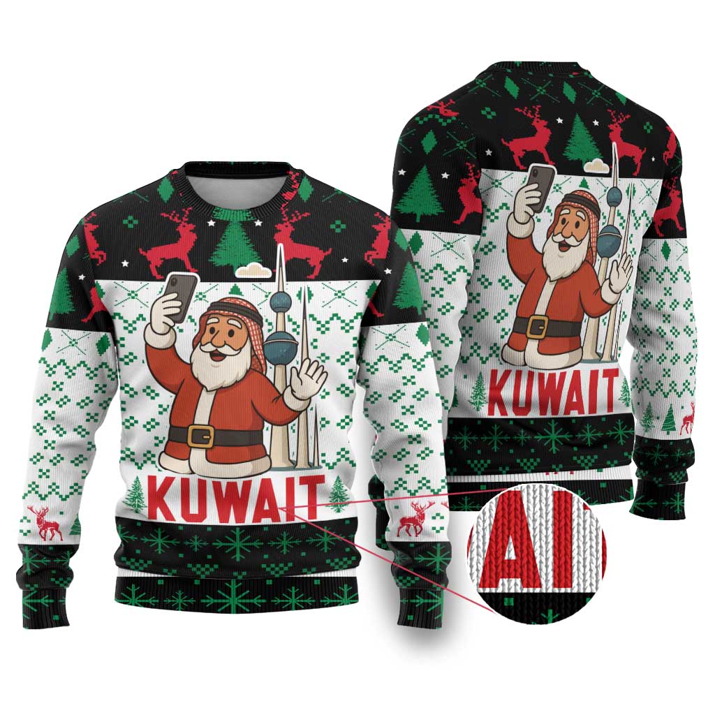 Kuwait Christmas Ugly Christmas Sweater with Santa Taking Selfie Kuwait Towers Reindeer and Snowflake - Wonder Print Shop