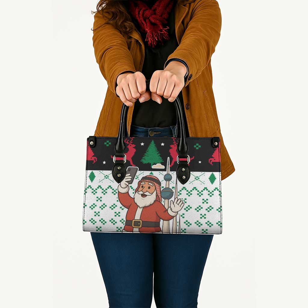 Kuwait Christmas Leather Bag with Santa Taking Selfie Kuwait Towers Reindeer and Snowflake - Wonder Print Shop