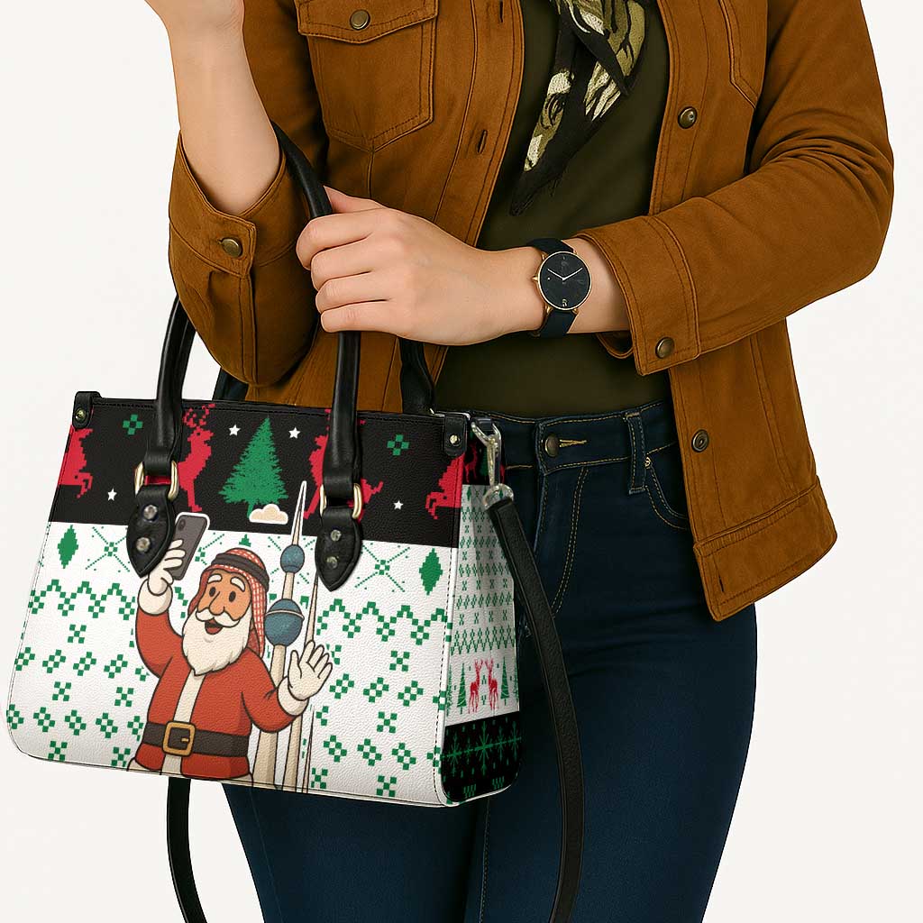 Kuwait Christmas Leather Bag with Santa Taking Selfie Kuwait Towers Reindeer and Snowflake - Wonder Print Shop