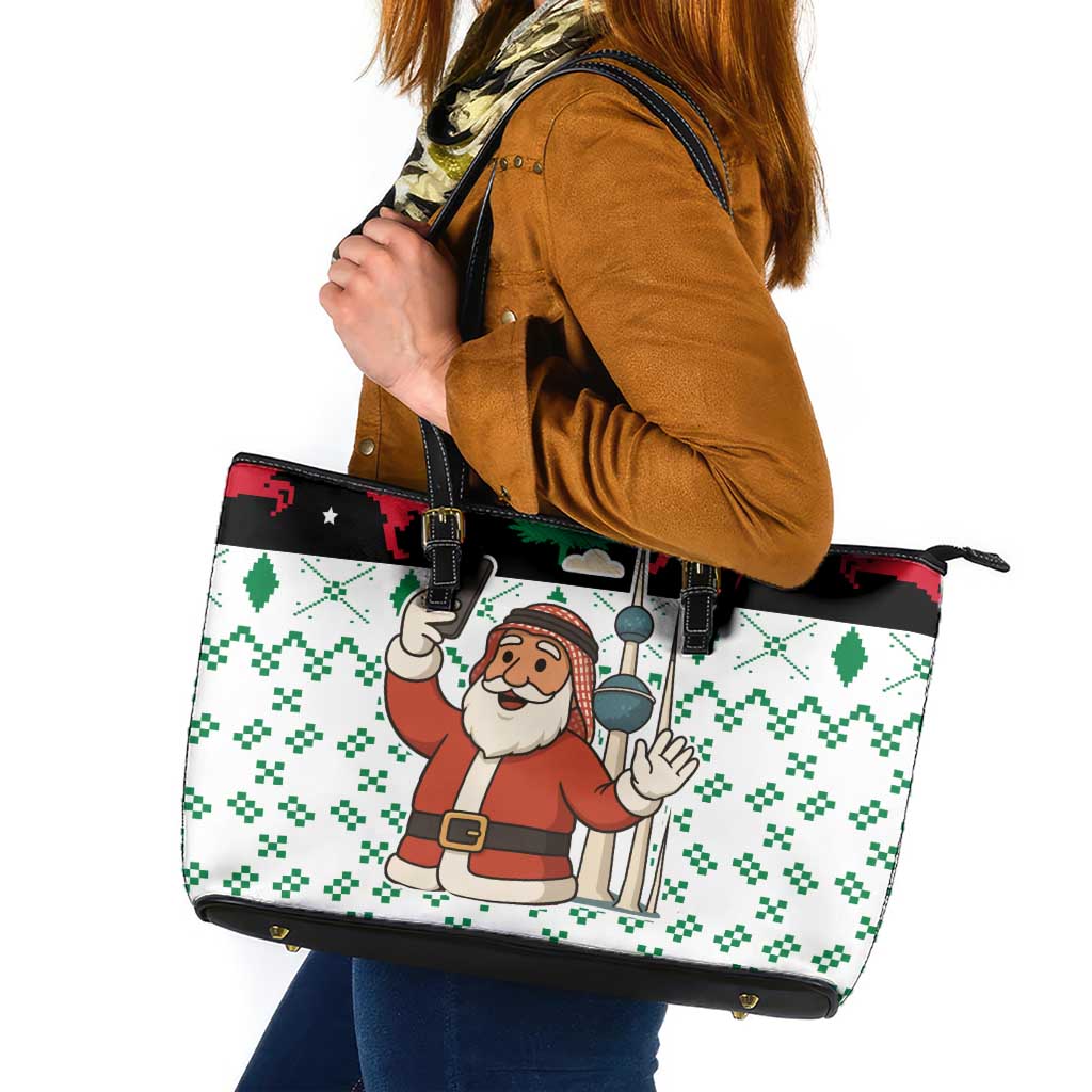 Kuwait Christmas Leather Tote Bag with Santa Taking Selfie Kuwait Towers Reindeer and Snowflake - Wonder Print Shop