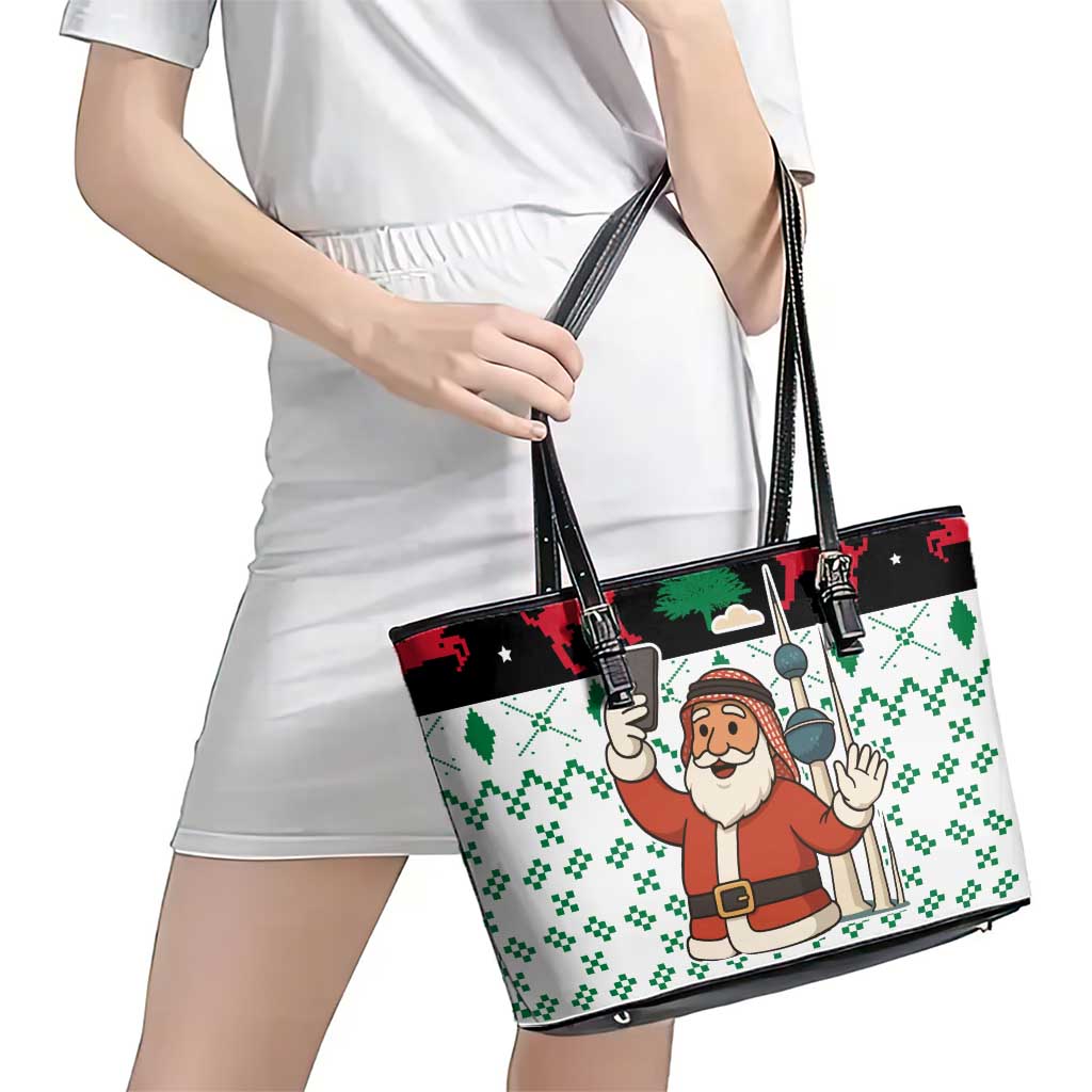 Kuwait Christmas Leather Tote Bag with Santa Taking Selfie Kuwait Towers Reindeer and Snowflake - Wonder Print Shop