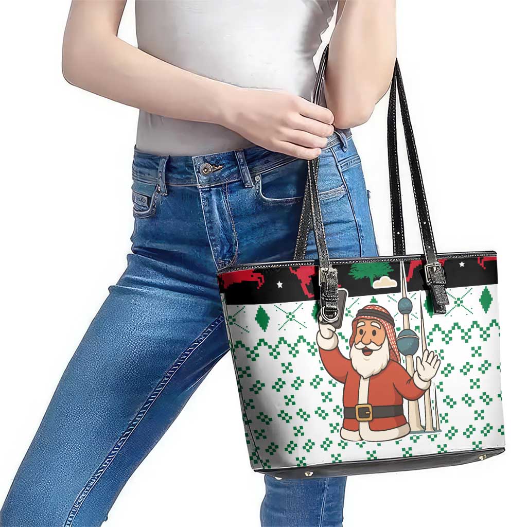 Kuwait Christmas Leather Tote Bag with Santa Taking Selfie Kuwait Towers Reindeer and Snowflake - Wonder Print Shop