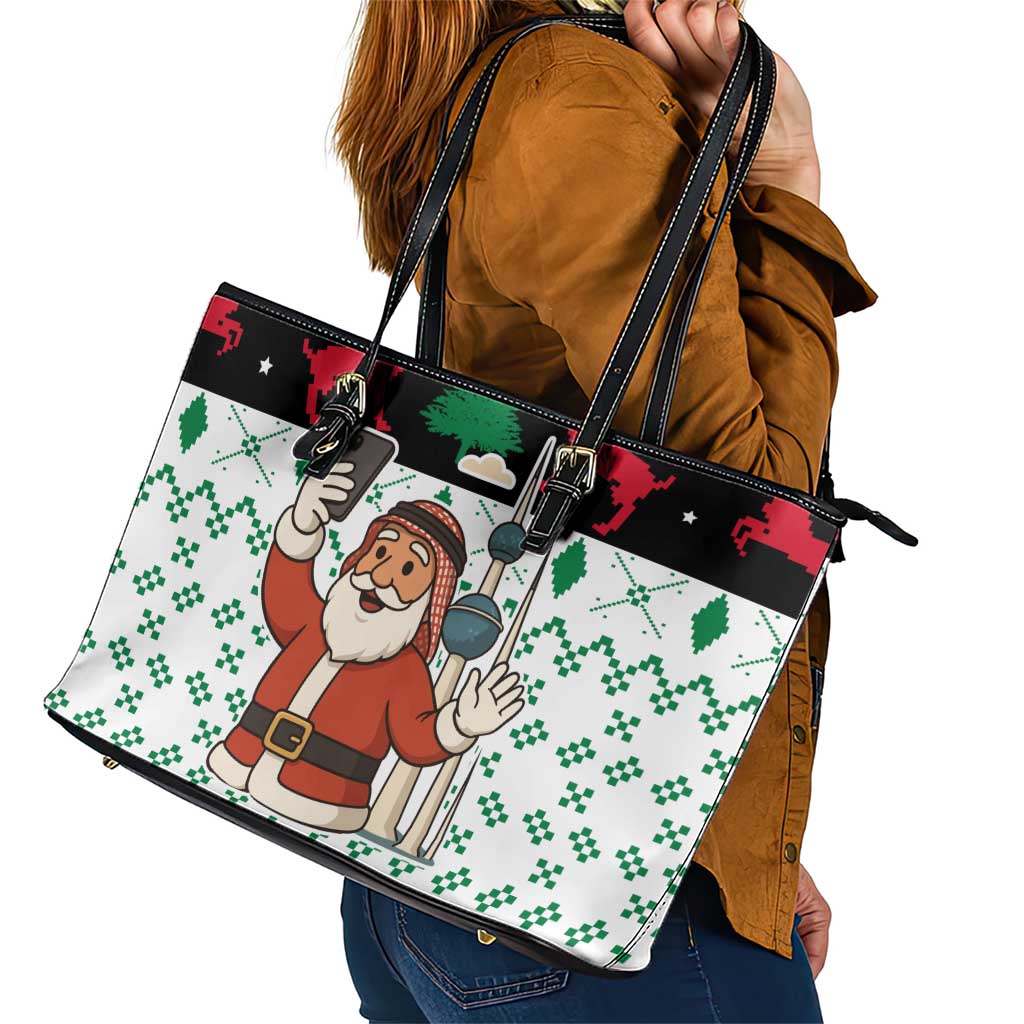 Kuwait Christmas Leather Tote Bag with Santa Taking Selfie Kuwait Towers Reindeer and Snowflake - Wonder Print Shop
