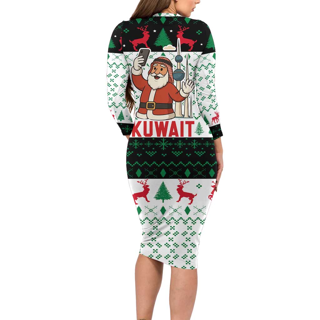 Kuwait Christmas Long Sleeve Bodycon Dress with Santa Taking Selfie Kuwait Towers Reindeer and Snowflake - Wonder Print Shop