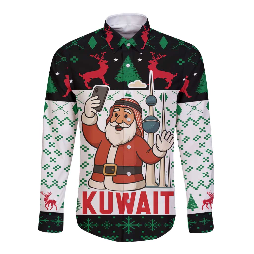 Kuwait Christmas Long Sleeve Button Shirt with Santa Taking Selfie Kuwait Towers Reindeer and Snowflake - Wonder Print Shop