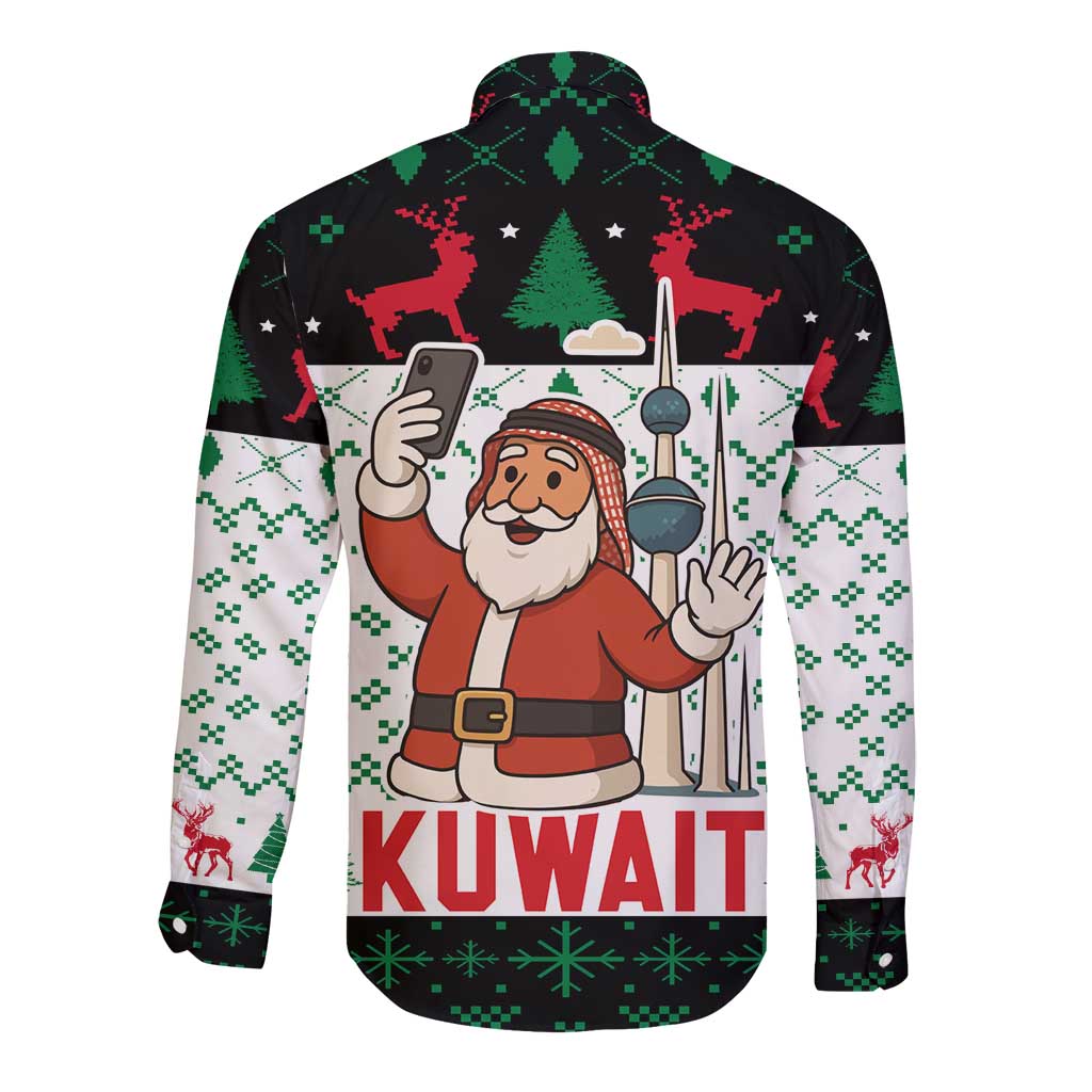 Kuwait Christmas Long Sleeve Button Shirt with Santa Taking Selfie Kuwait Towers Reindeer and Snowflake - Wonder Print Shop