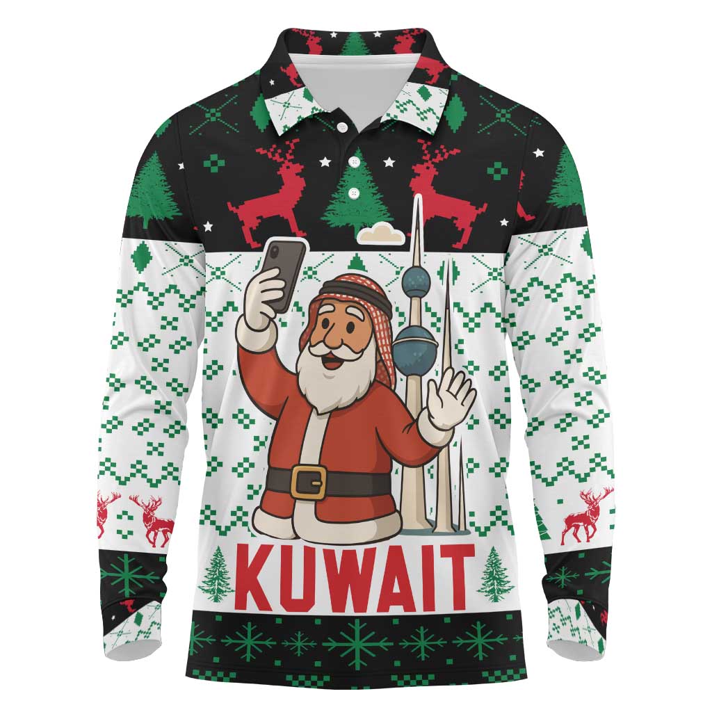 Kuwait Christmas Long Sleeve Polo Shirt with Santa Taking Selfie Kuwait Towers Reindeer and Snowflake - Wonder Print Shop