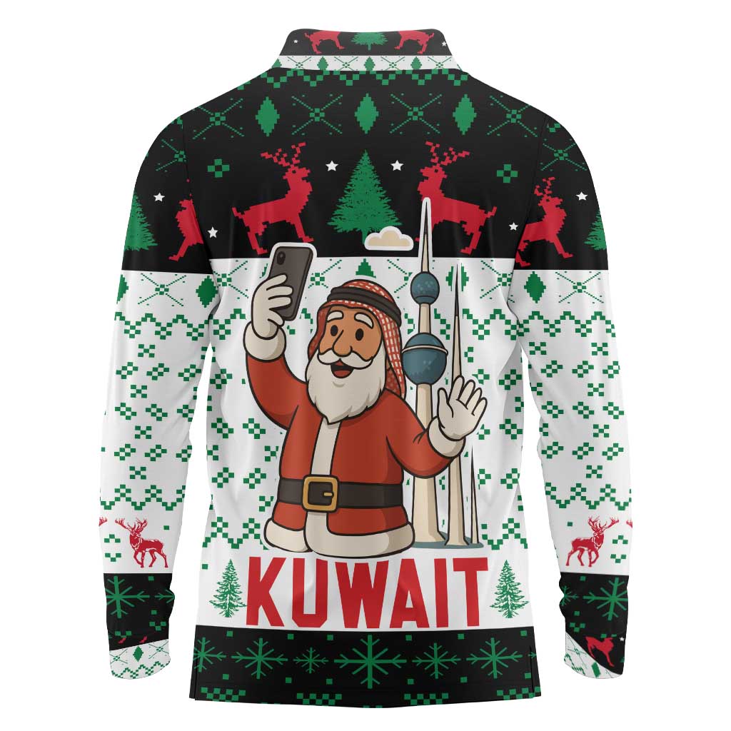 Kuwait Christmas Long Sleeve Polo Shirt with Santa Taking Selfie Kuwait Towers Reindeer and Snowflake - Wonder Print Shop